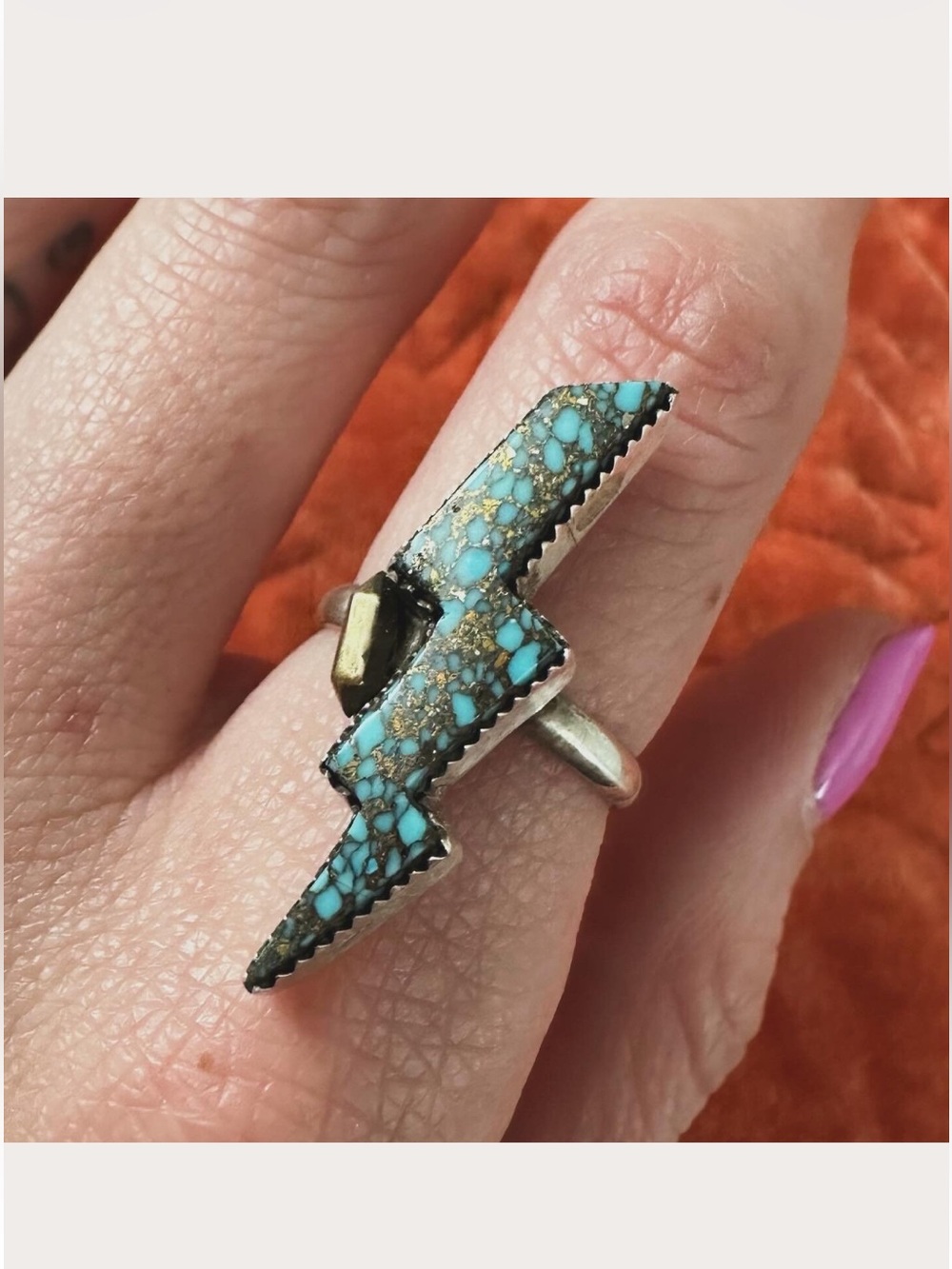 Gibbsite Turquoise & Pyrite Lightning Bolt Statement Ring - Size 7